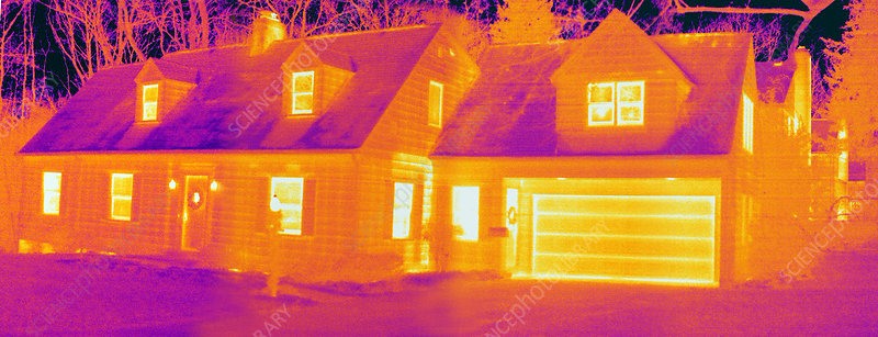 Illustrative thermal image of a house and garage in purple, orange and yellow, with the original Science Photo Library watermark